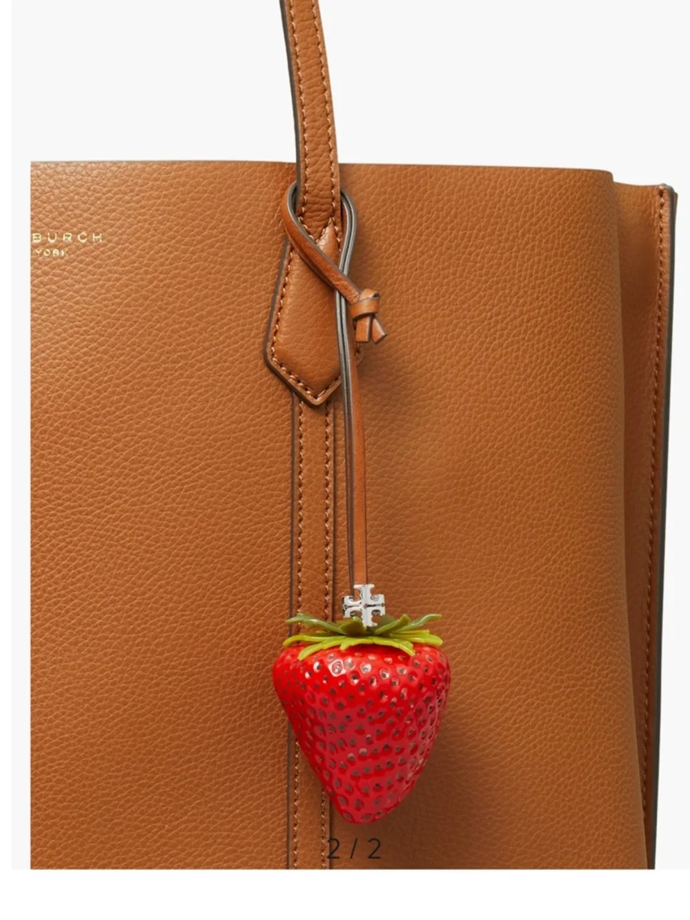 Tory Burch Strawberry Leather Key Charm in Red with Green Top and Brown Strap